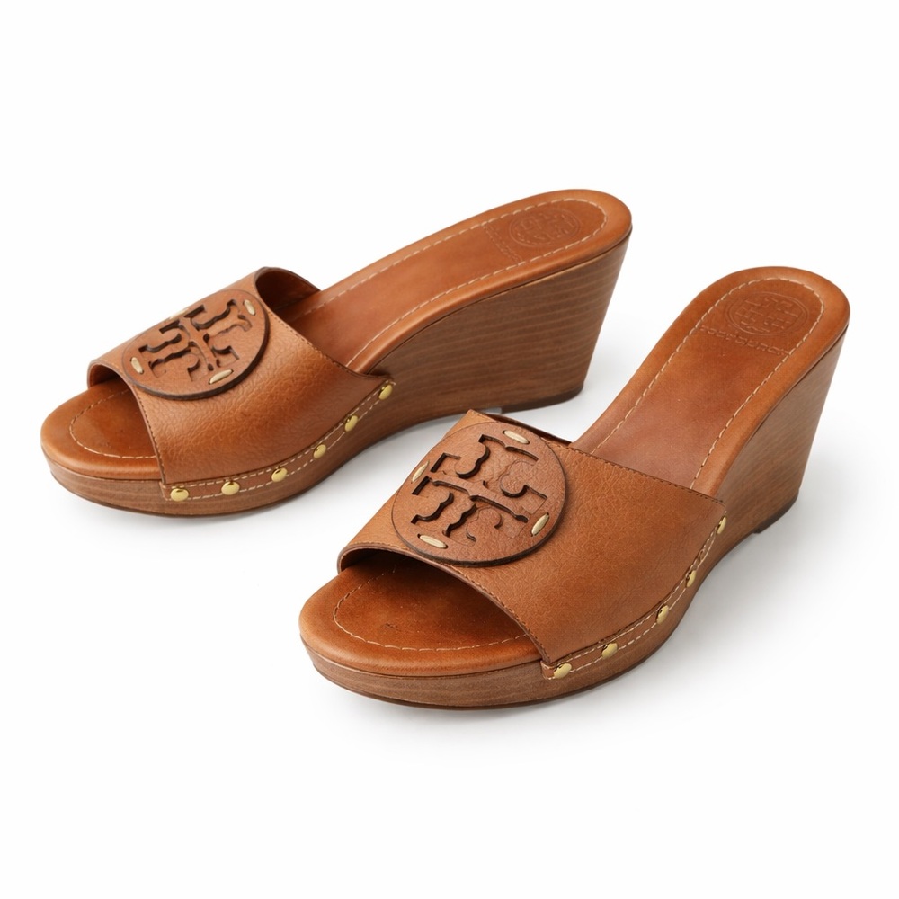 Tory Burch Cognac Leather Logo Wedge Slides